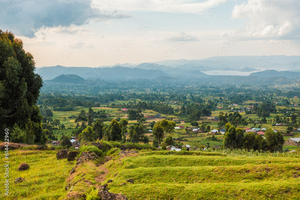 Aerial view of Kisoro Town seen from Mount Muhabura with Lake Mutanda on the background, Uganda Aerial view of Kisoro Town seen from Mount Muhabura with Lake Mutanda on the background, Uganda