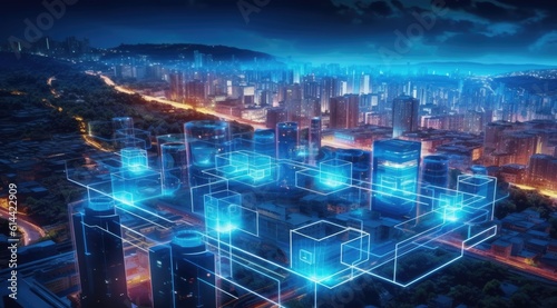 A virtual city with holograms and bright road lines
