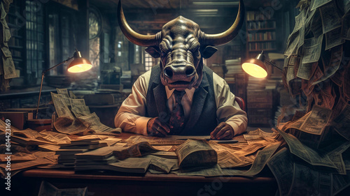 An anthropomorphic bull in a suit counts banknotes 