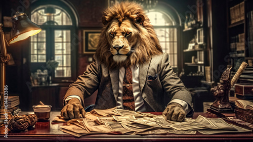 An anthropomorphic lion in a suit counts banknotes
