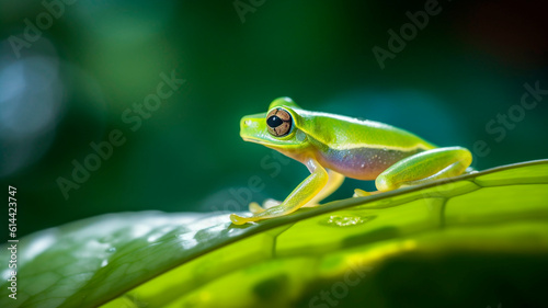 A glass frog resting on a transparent leaf in a rainforest © Юрий Маслов