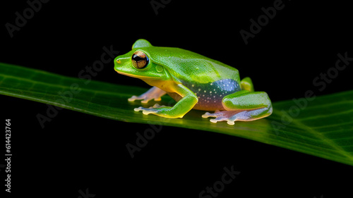 A glass frog resting on a transparent leaf in a rainforest
