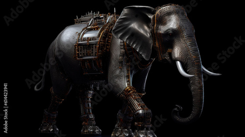 an Indian elephant with a sci-fi robotic body, on a black background and with professional studio lighting. 