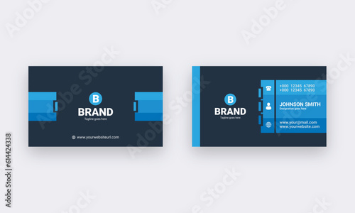 Professional business card design template. Modern and simple business card layout with blue color shape. (ID: 614424338)