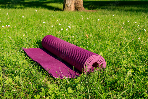 Purple Gymnastics or Yoga Mat on the Summer Meadow. Concept for Outdoor Sports.