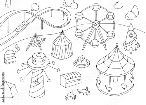 Amusement park landscape aerial view graphic black white sketch illustration vector 
