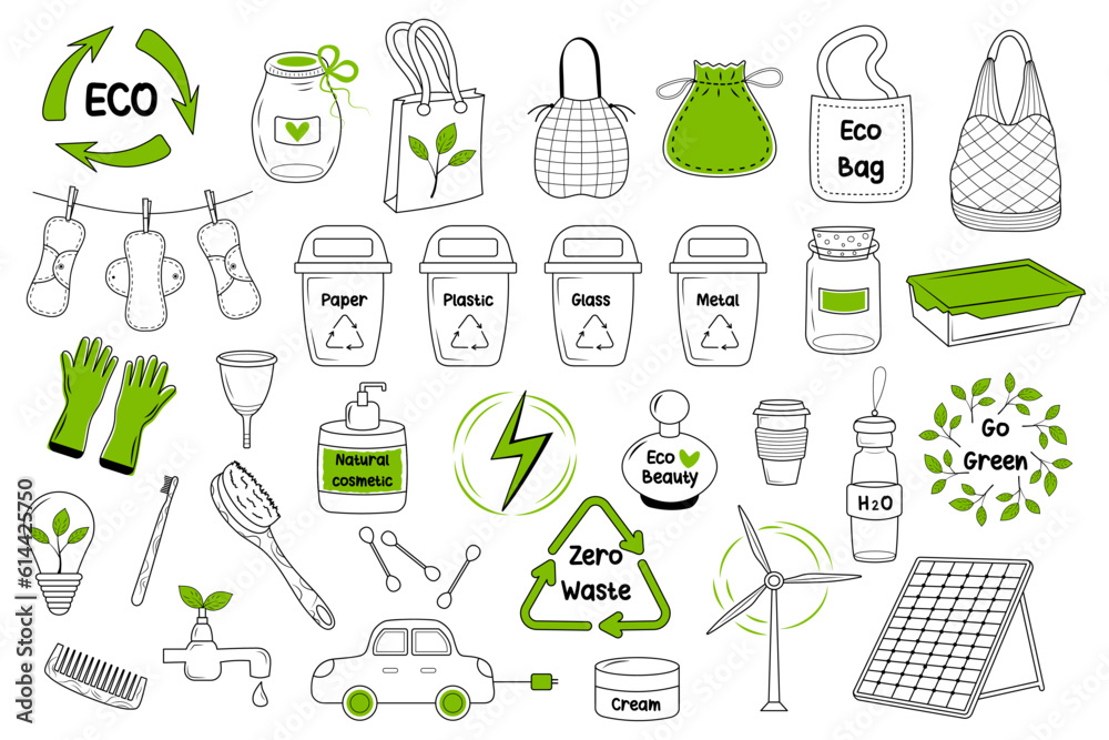 Ecology, zero waste, eco lifestyle doodle set. Hand drawn linear eco icons set.