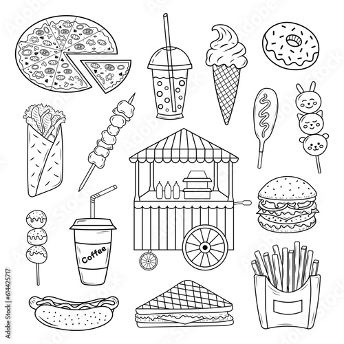 Street food doodle set. Fast food linear collection. Takeaway food.