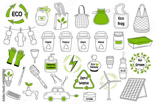 Ecology, zero waste, eco lifestyle doodle set. Hand drawn linear eco icons set.