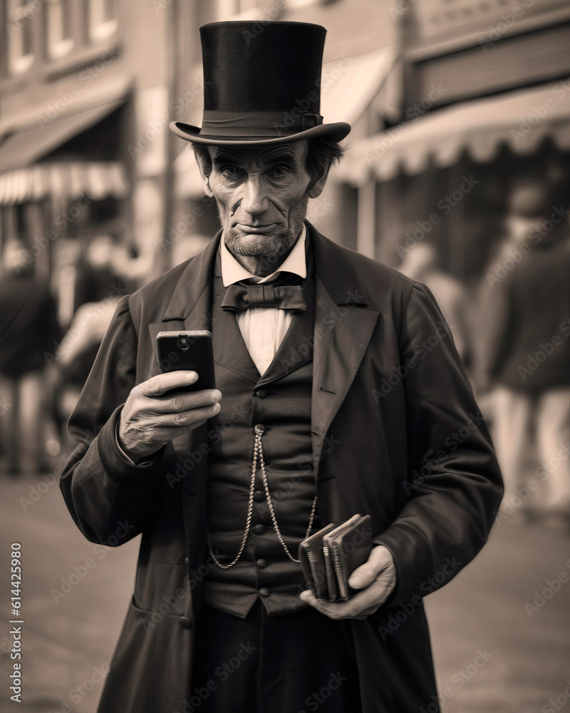 Abraham Lincoln avec un smart phone, image en noir et blanc