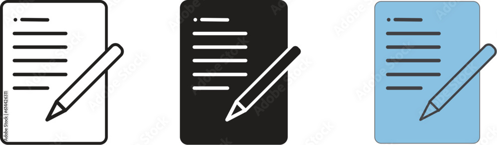 Document with pen, Form icons. Line, glyph and colorful version. Sheet of paper and pen outline and filled vector illustration. Different style icons set.
