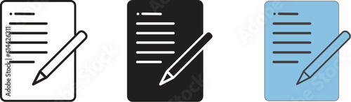 Document with pen, Form icons. Line, glyph and colorful version. Sheet of paper and pen outline and filled vector illustration. Different style icons set.