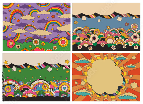 Psychedelic Style Summer Landscape Floral Posters Set. 1960s-1970s Retro Colors Nature Backgrounds
