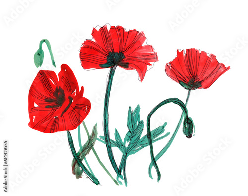 Red poppy flower. Hand-drawn pictorial botanical illustration. Modern Fashion plant painting for fabric design, T-shirts, bags, cosmetics packaging, wedding invitations. Gouache painting