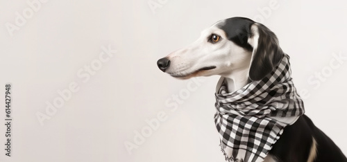 Profile portrait of Arabian Saluki with keffiyeh wrapped around neck, on studio background. Banner with copy space. AI generative