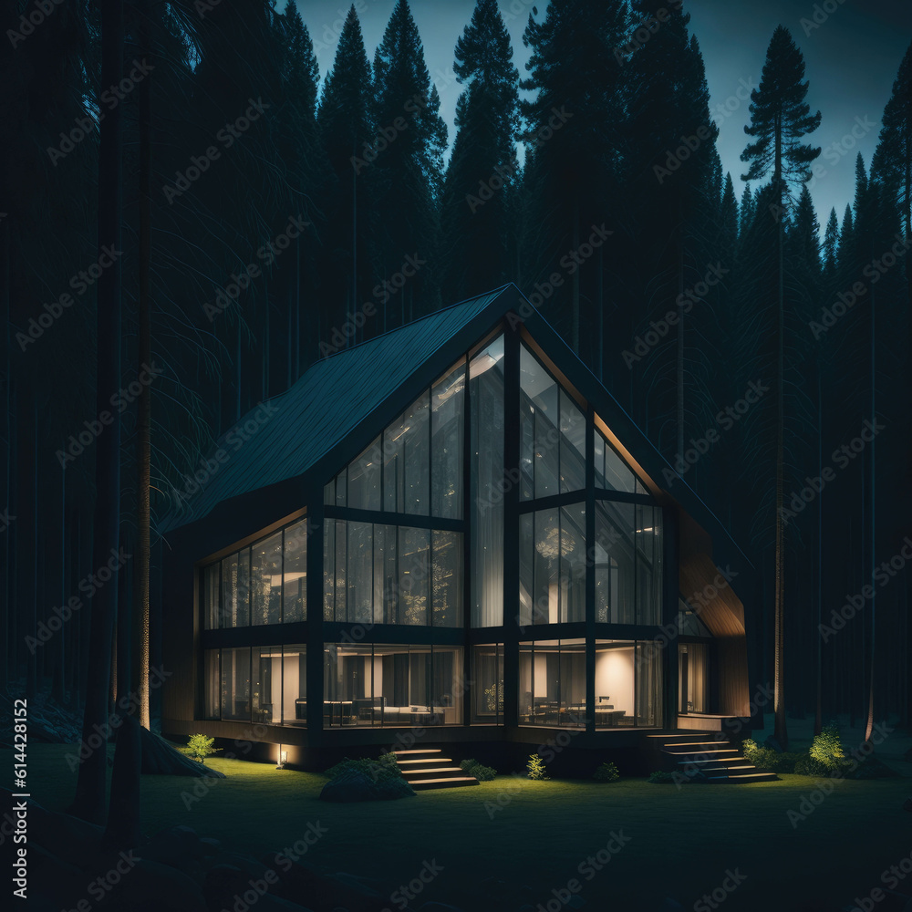 Modern Glass Cabin House Exterior, Large Windows,  Mountain Forest View, Night, Reflective Windows, Generative Ai