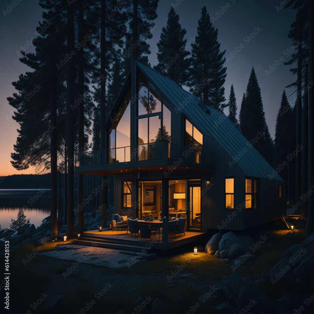 Fototapeta premium Modern Villa Exterior House, Large Windows, Lake View, Night, Reflective Windows, Generative Ai