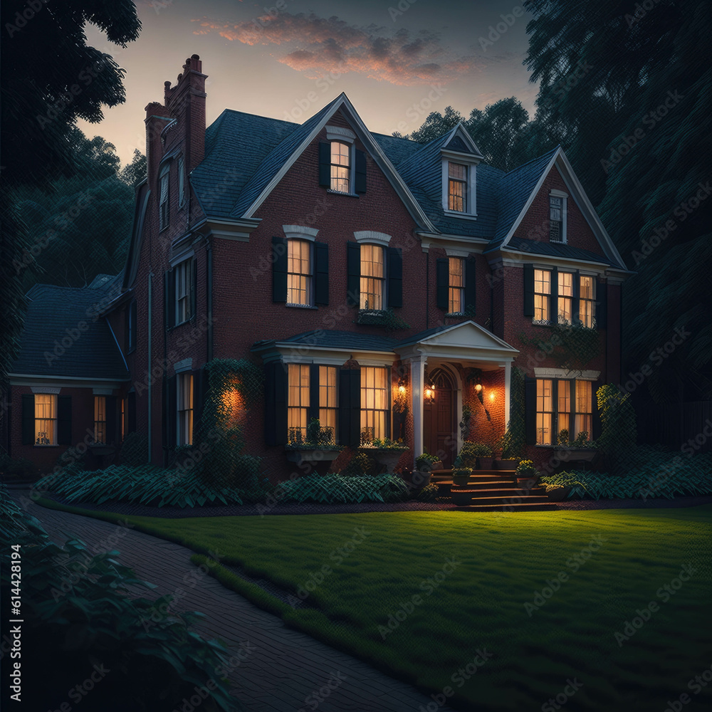Old Fashioned Brick Style House With Large Green Yard , Trees, Fance and Stone Path, Night Generative Ai Old Fashioned Brick Style House With Large Green Yard , Trees, Fance and Stone Path, Night Generative Ai