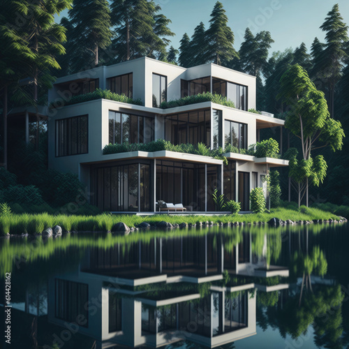 Modern Villa Exterior House, Large Windows,  Lake View, Sunny day, Reflective Windows, Generative Ai © Phoenix_Renders