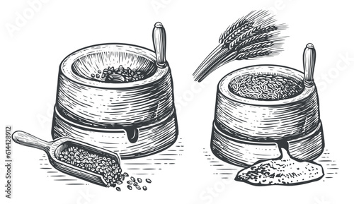 Millstone sketch. Hand mill is an ancient stone tool for grinding grain products and obtaining flour. Vintage vector