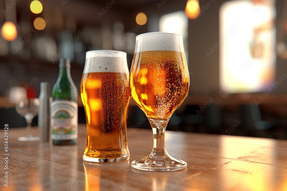 two glasses of beer are on the table. Generated by AI. two glasses of beer are on the table. Generated by AI.