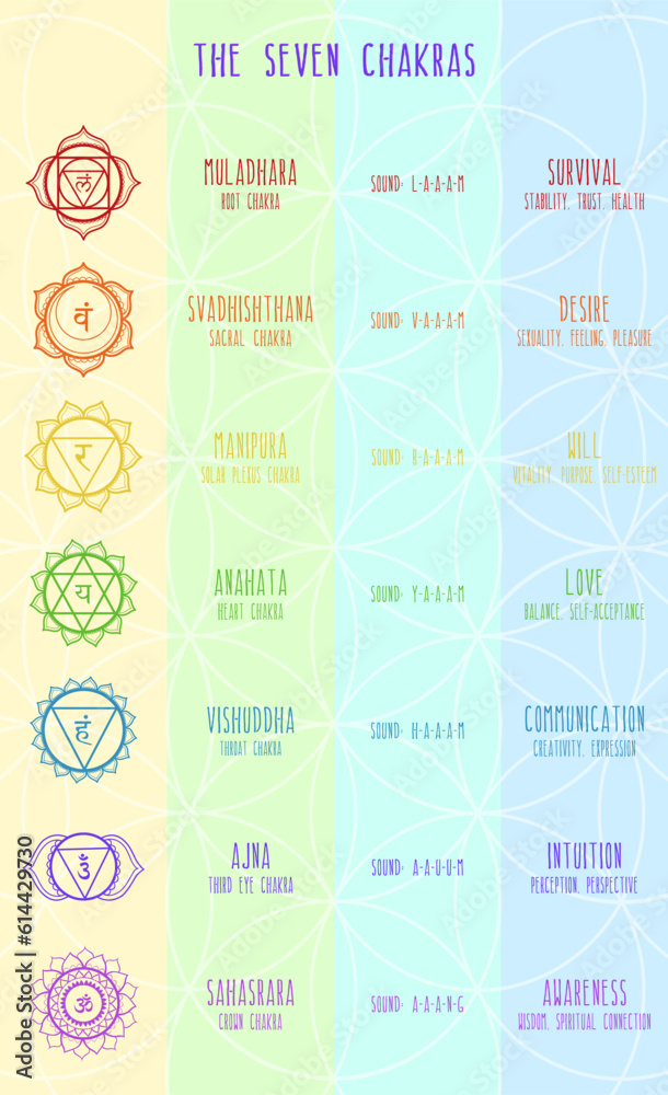 Vertical chart with mandala symbols of seven chakras on colorful background. Names and detailed description.