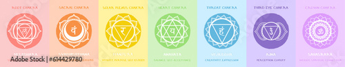 The seven human chakra with description and meaning. Colorful vector illustration with mandalas Sanskrit names. Each element can be used separately.