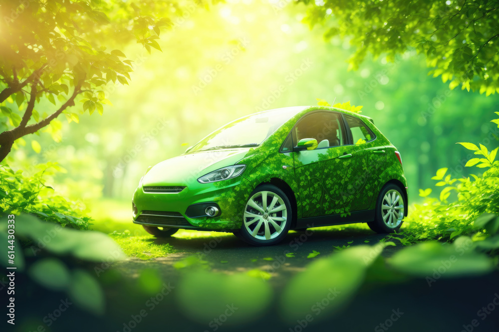 Isolated ev green car formed by green leaves. ai generative