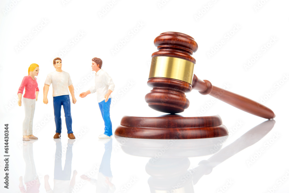 Miniature people. people solve dispute and relationship near gavel of law and justice. Laws to ensure the life of the society of the country