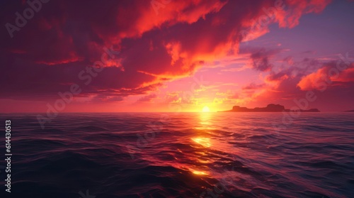 Amazing sunset over the sea. Water in the red light of setting sun. Generative AI.