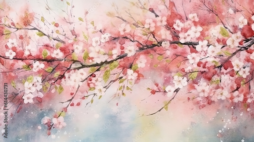 Cherry blossom, spring watercolor background (Ai generated)