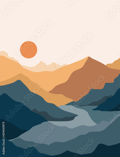 landscape background.wall art vector. Foliage line art drawing with abstract shape.Plant Art design for print, cover, wallpaper, Minimal and natural wall.	