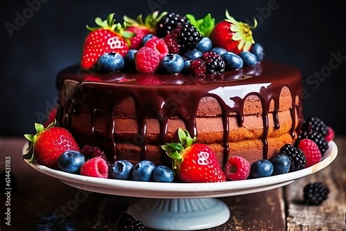 Chocolate cake with ganache and fresh berry  Ai generated 