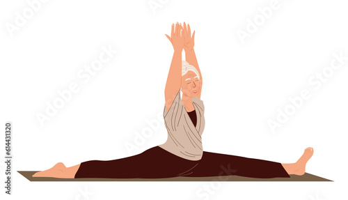 Aged Female Character Stretching,do the leg-split,Realxing in Engage Yoga Practice Isolated.Elderly Woman with flexible body and elastic muscles.Leg-split,Calmimg, Meditating.Flat Vector Illustration
