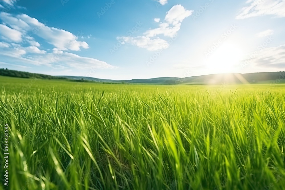 Fototapeta premium Panoramic natural landscape of a green field (Ai generated)