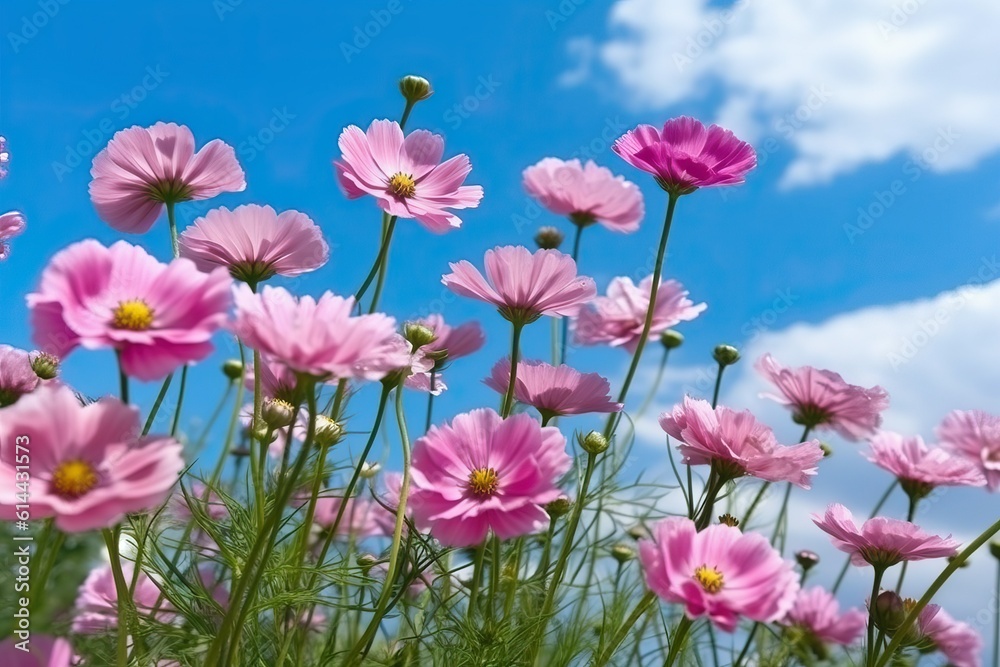 Pink cosmos flower against the blue sky (Ai generated) Pink cosmos flower against the blue sky (Ai generated)