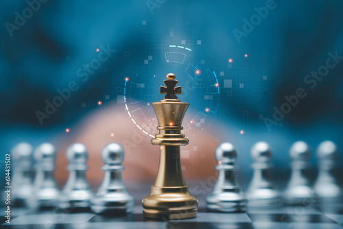 Golden king chess encounter with silver chess enemy on dark background and connection line for strategy idea and futuristic concept