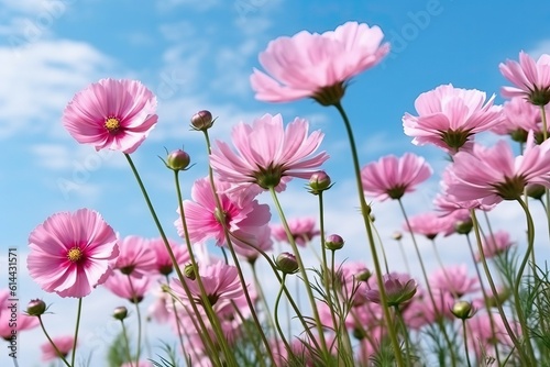 Pink cosmos flower against the blue sky (Ai generated) © thesweetsheep