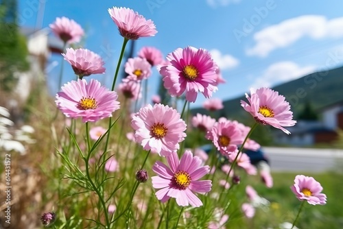 Pink cosmos flower against the blue sky  Ai generated 