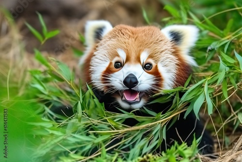 Red Panda Eating Bamboo, animal portrait (Ai generated)