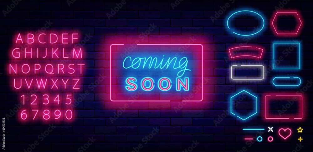 Coming soon neon label. Various shape frames collection. Party and sale prepare. Vector stock illustration