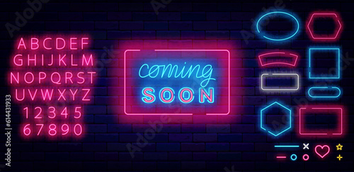Coming soon neon label. Various shape frames collection. Party and sale prepare. Vector stock illustration