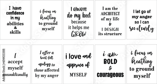 Set of 10 doodle self-confidence affirmation quotes typography poster bundle. Affirmation phrase inspiration quote design for flyer, banner, posting, scrapbooking, or journaling. photo