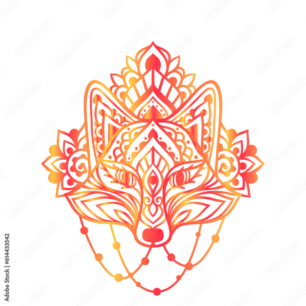 Fox mandala ornament. Vector illustration. Flower Ethnic drawing. Fox animal nature in Zen boho style. Coloring page red and white Fox mandala ornament. Vector illustration. Flower Ethnic drawing. Fox animal nature in Zen boho style. Coloring page red and white