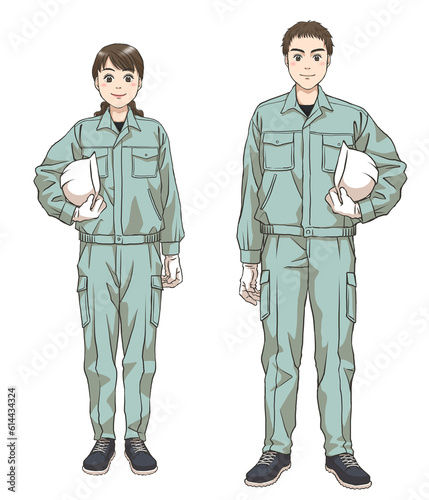 A couple of maintenance staff holding helmets under their arms