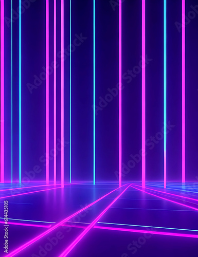 3d Render, abstract minimal neon background,and RGB pink blue neon lines going up, Cyber space. Laser show. Futuristic tach wallpaper.