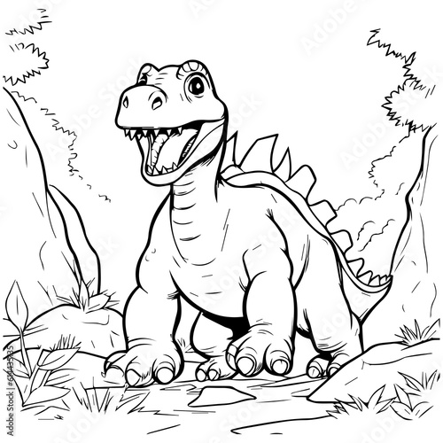 Dinosaur cartoon with black line for kids coloring book. Generative AI