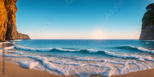 Beautiful seascape. Panoramic view of the sea and sandy beach. Beautyful background. Sea wave with foam. Beautiful ocean waves. Generative AI technology. © vachom
