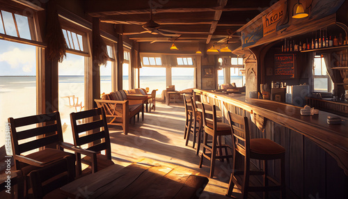 Empty cafe or seaview bar interior, daytime