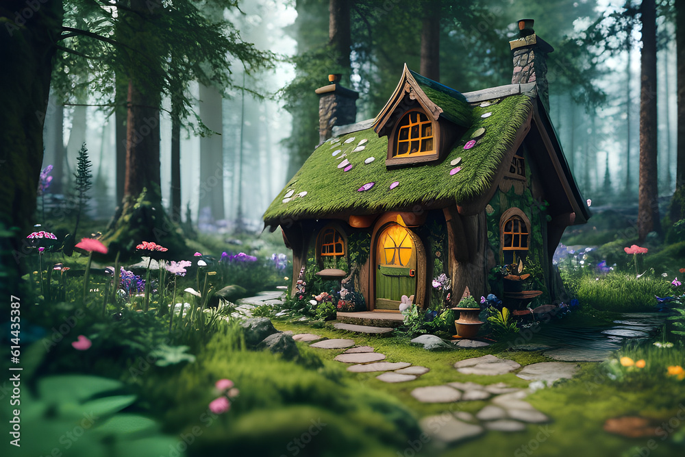 Elf and fairy house in the forest surrounded by trees Elf and fairy house in the forest surrounded by trees